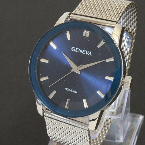 Geneva Men's Dress Watch Diamond At 12 Blue Dial Milanese Bracelet 42mm - Picture 7 of 13
